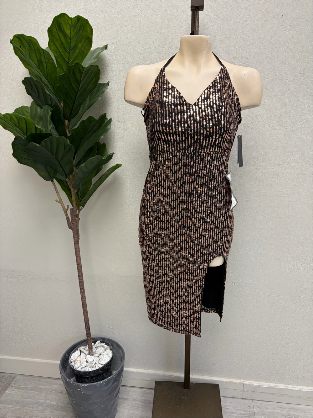 City Studio Rose Gold and Black Sequin Halter Midi Dress